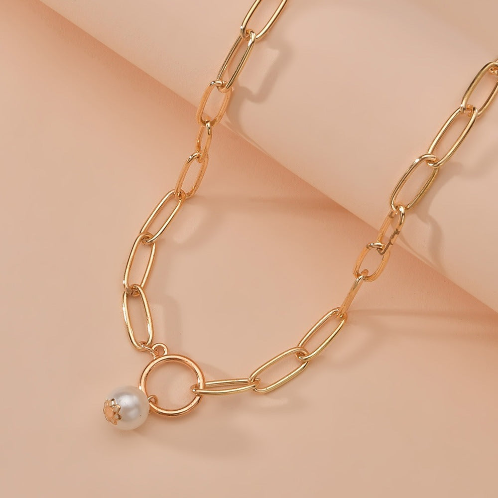 Hoop And Pearl Pendant Metal Clavicle Chain Necklace