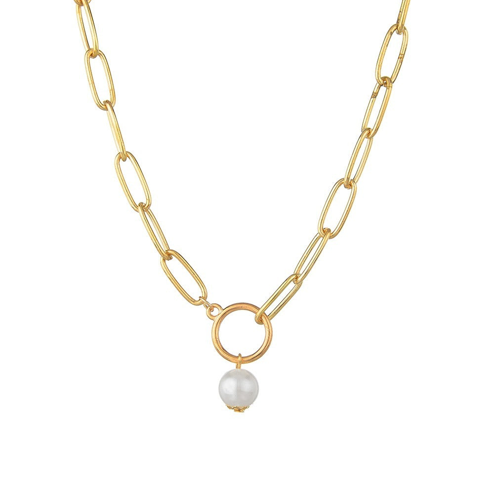 Hoop And Pearl Pendant Metal Clavicle Chain Necklace