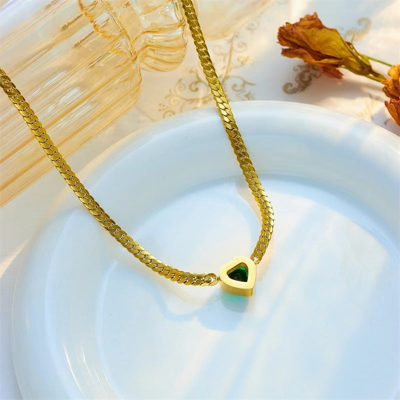 Green Heart Zircon Personality Cuban Link Chain Simple Fashion Necklace
