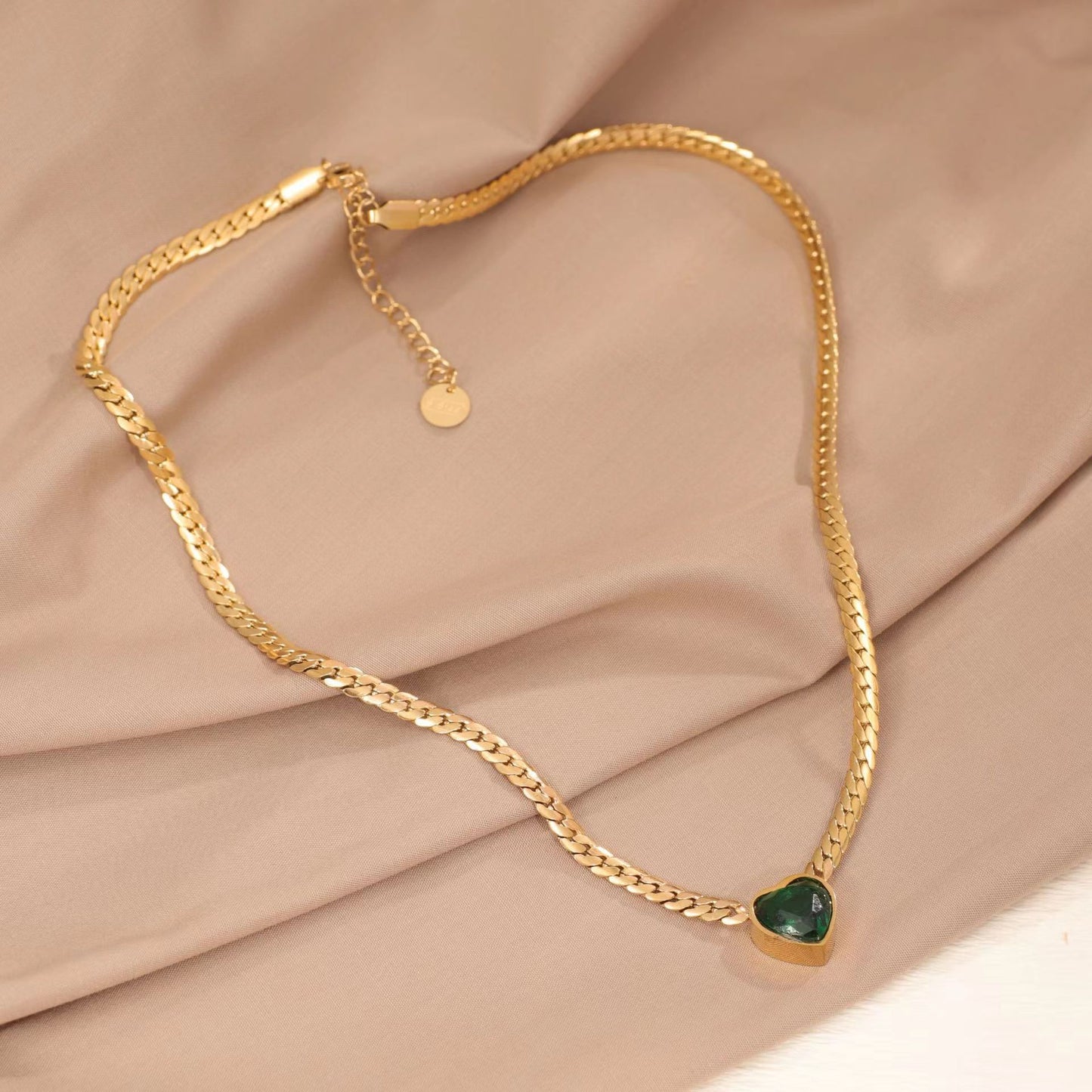 Green Heart Zircon Personality Cuban Link Chain Simple Fashion Necklace