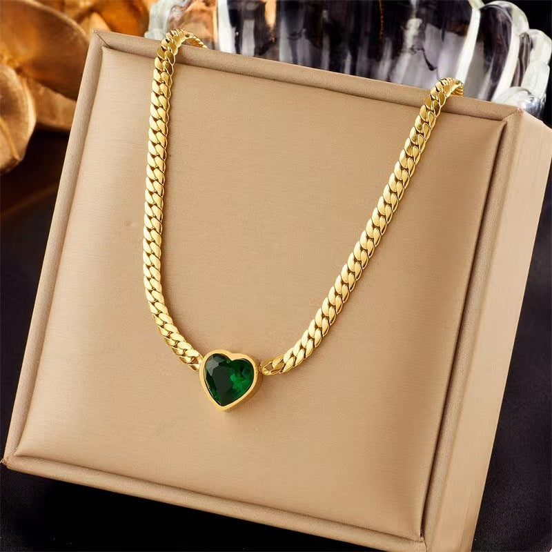 Green Heart Zircon Personality Cuban Link Chain Simple Fashion Necklace