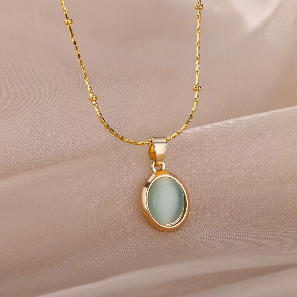 High-grade Oval Cat's Eye Pendant Titanium Steel Necklace