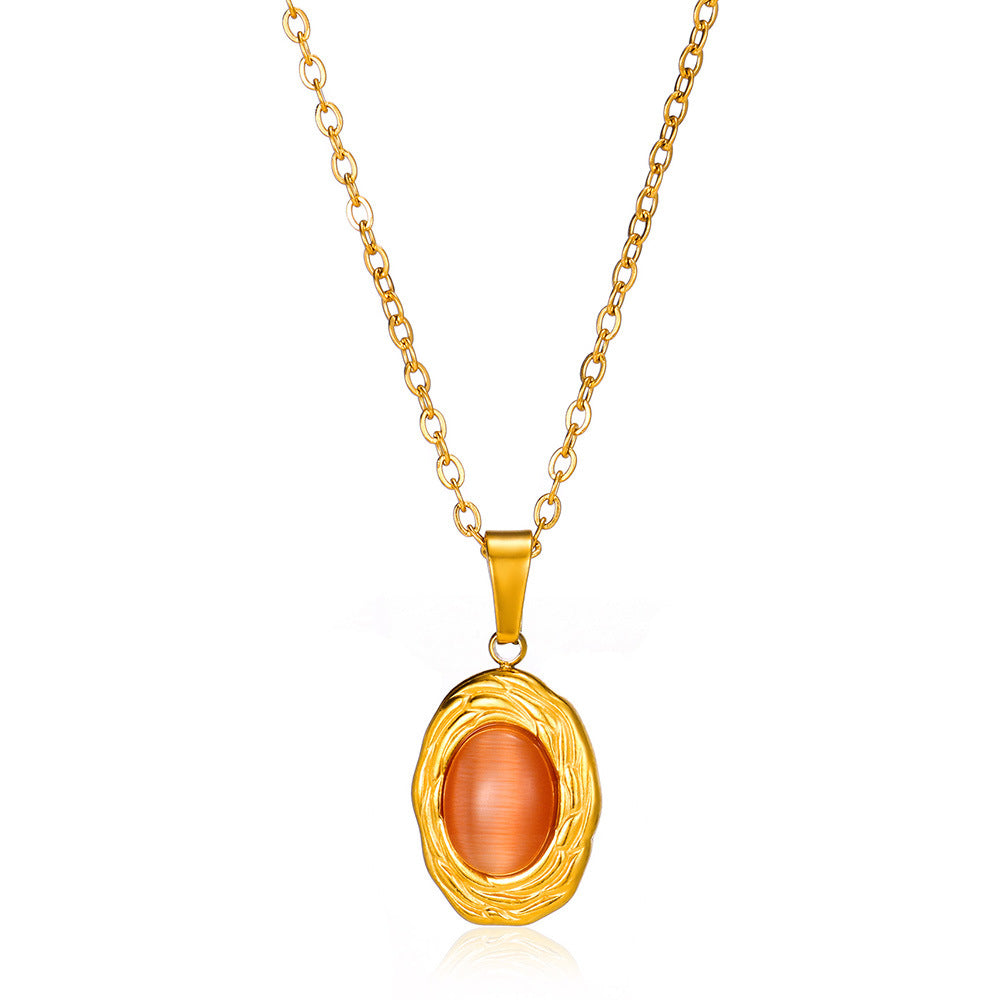 High-grade Oval Cat's Eye Pendant Titanium Steel Necklace