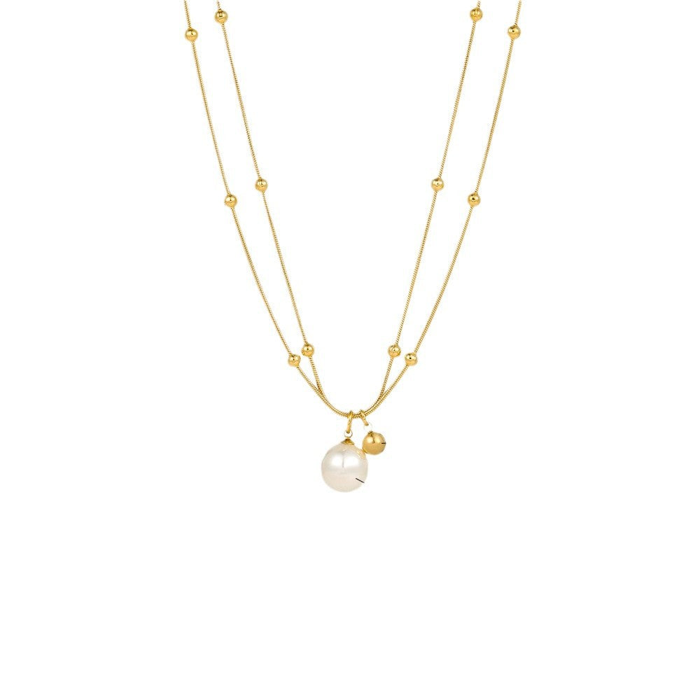 Fashion Simple Versatile Titanium Steel Double Chain Pearl Necklace