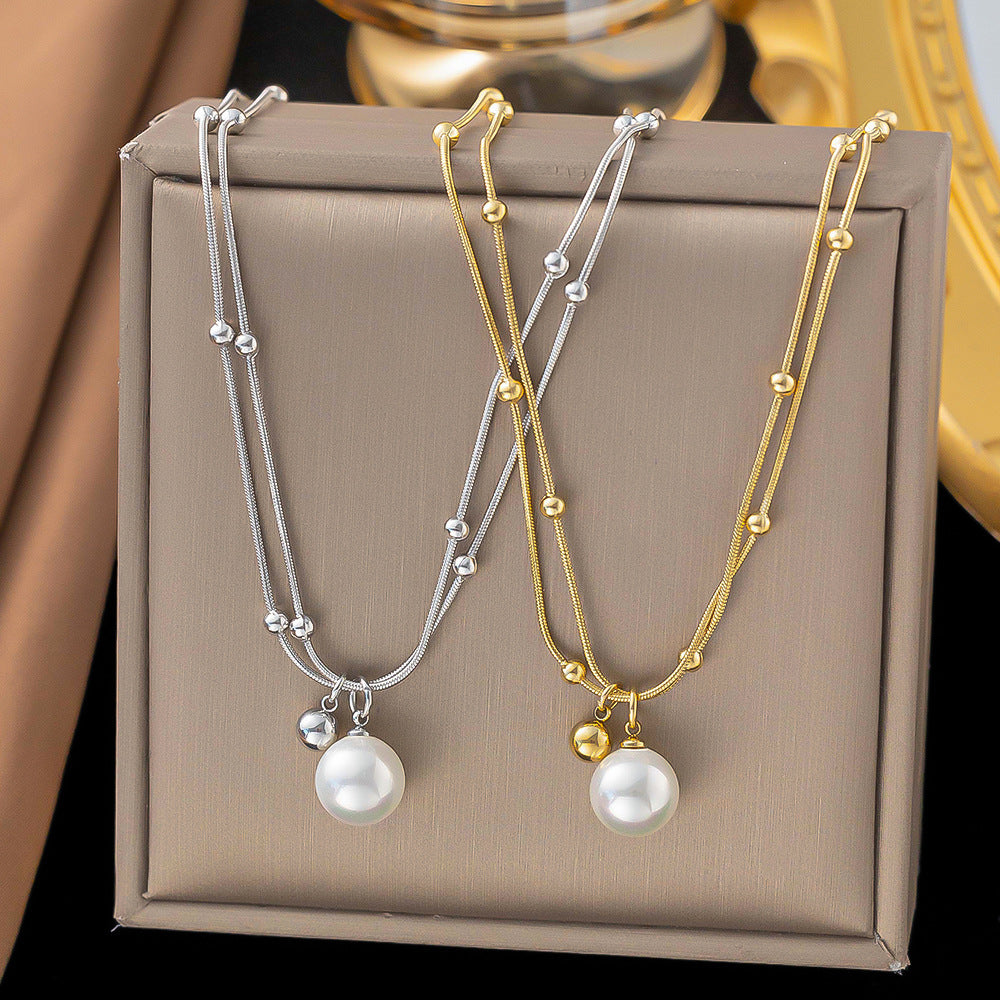 Fashion Simple Versatile Titanium Steel Double Chain Pearl Necklace