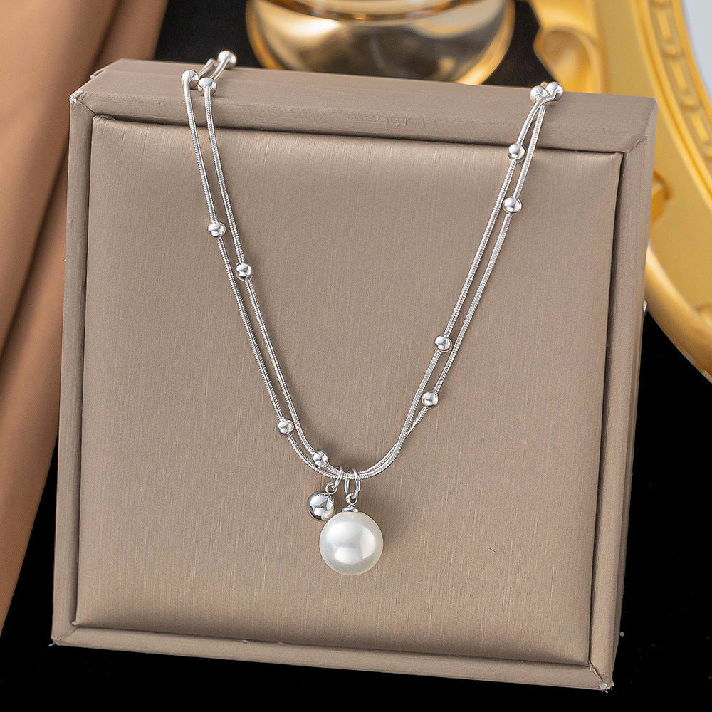 Fashion Simple Versatile Titanium Steel Double Chain Pearl Necklace