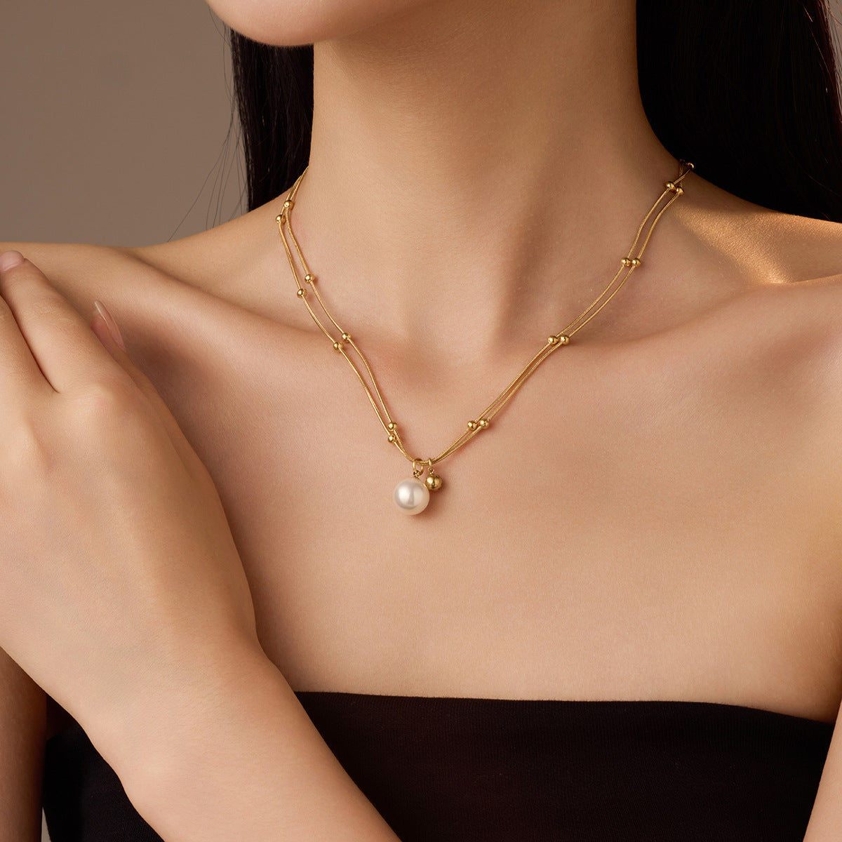 Fashion Simple Versatile Titanium Steel Double Chain Pearl Necklace