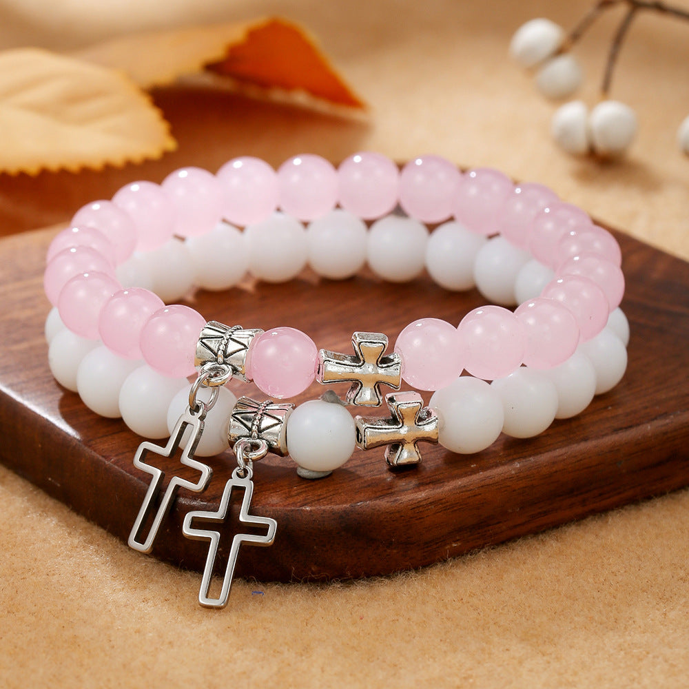Women's Cross Friendship Couple Bracelet Glass Beaded Bracelet