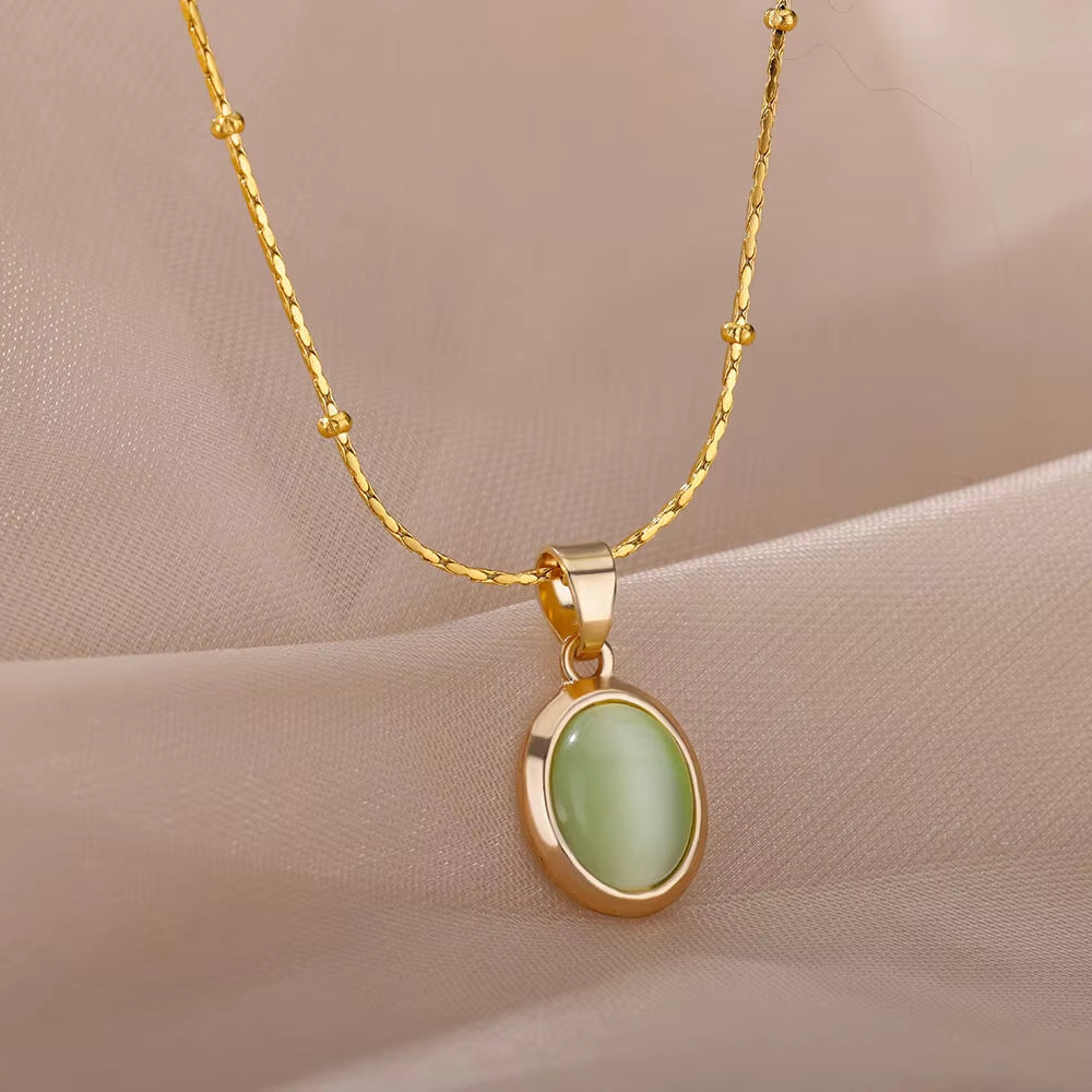 High-grade Oval Cat's Eye Pendant Titanium Steel Necklace