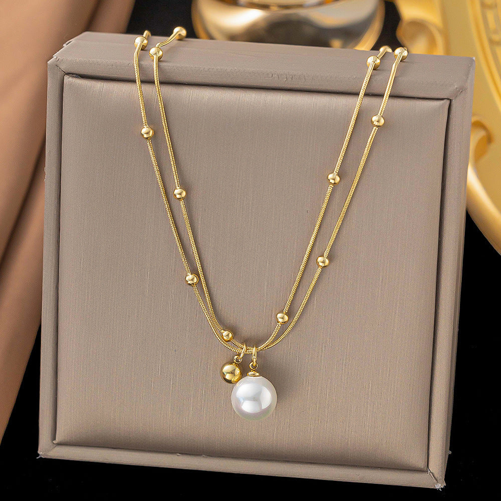 Fashion Simple Versatile Titanium Steel Double Chain Pearl Necklace