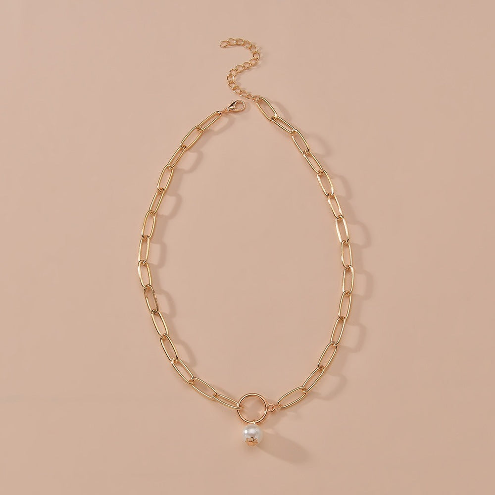 Hoop And Pearl Pendant Metal Clavicle Chain Necklace