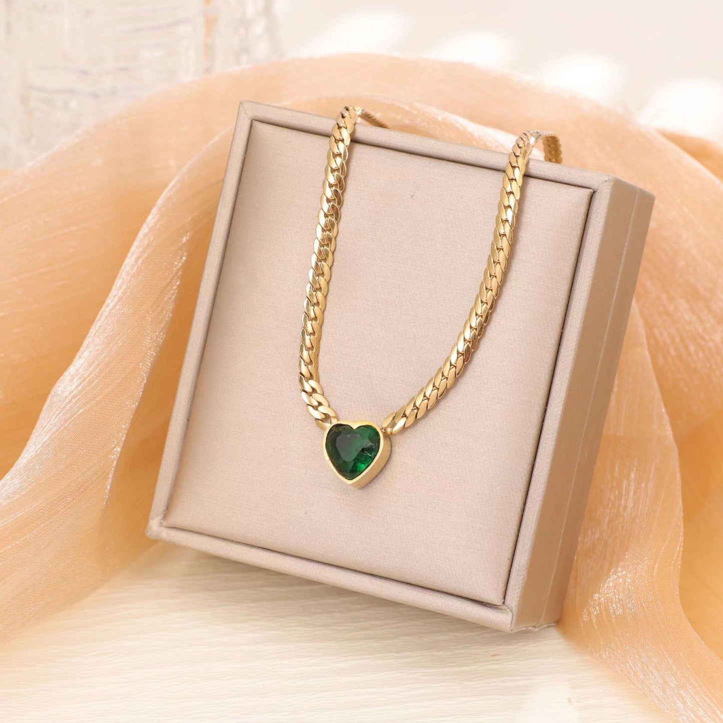 Green Heart Zircon Personality Cuban Link Chain Simple Fashion Necklace