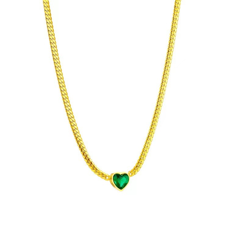 Green Heart Zircon Personality Cuban Link Chain Simple Fashion Necklace